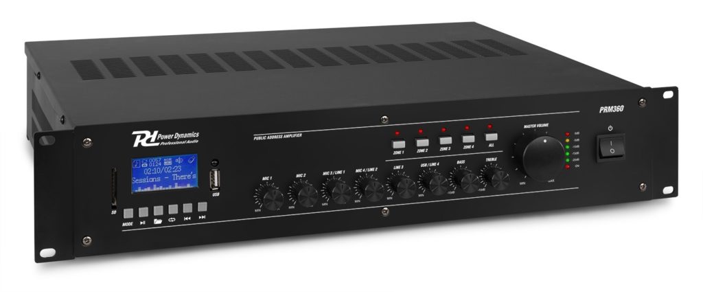 Power Dynamics - PRM360 - MEZCLADOR AMPLIFICADOR 100V 6 CANALES 4-ZONAS 360W, Cuatro zonas con sistema de avisos (paging) Reproductor MP3 con USB/SD Receptor BT para Audio streamin