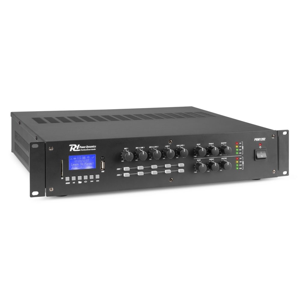 Power Dynamics - PRM1202 - AMPLIFICADOR MATRICIAL 2 ZONAS LÍNEA 100V 2 X 120W, Reproductor MP3 con USB/SD Usa tecnología BT para audio streaming