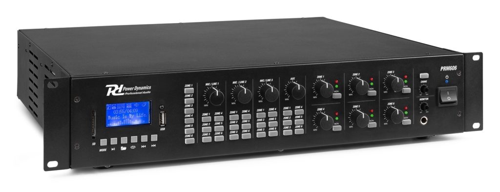 Power Dynamics - PRM606 - AMPLIFICADOR MATRIX DE 6 ZONAS 6 X 60W LÍNEA DE 100V, Reproductor MP3 por USB/SD Usa tecnología inalámbrica BT para audio streaming