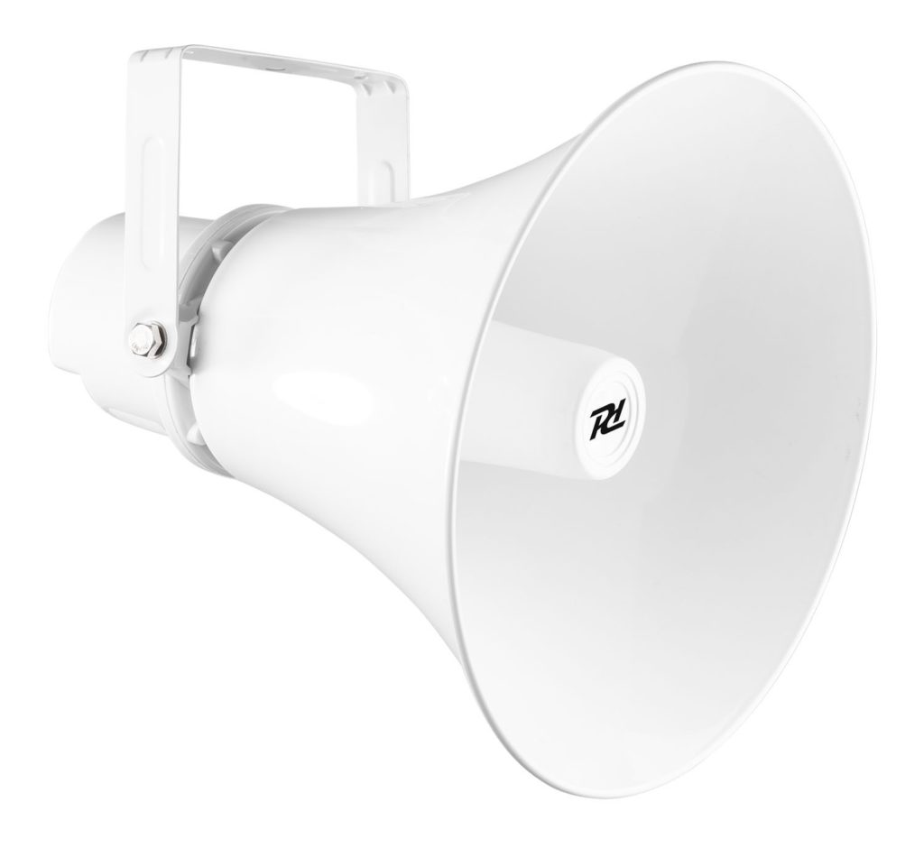 Power Dynamics -  HSR30- BOCINA REDONDA IPX5 30W 100V, Altavoz de bocina redondo, robusto de intemperie para sistemas de línea de 100V. Fabricado en ABS duradero y con asa de montaje ajustable en acero