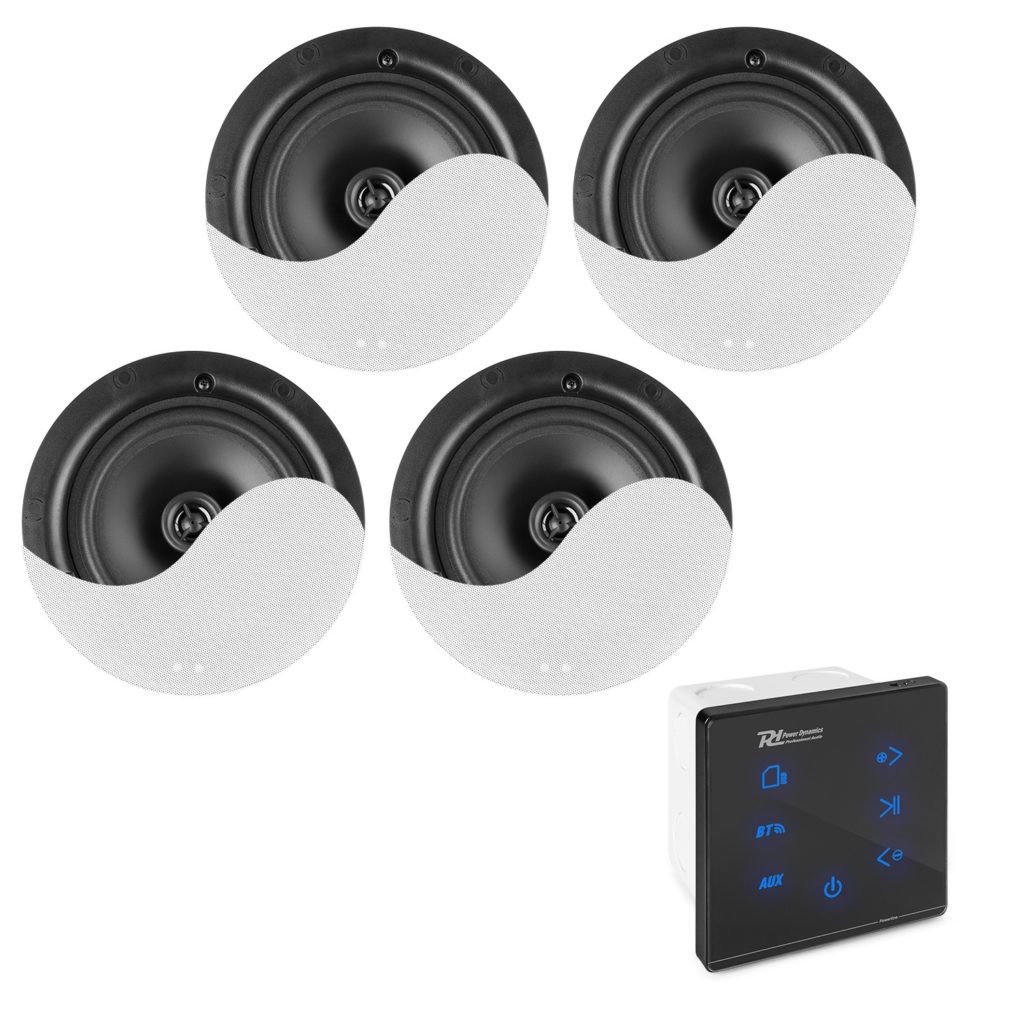 Power Dynamics - POWERLINE A100BSET - CONJUNTO AMPLIFICADOR PARA EMPOTRAR EN PARED CON 4 ALTAVOCES DE TECHO