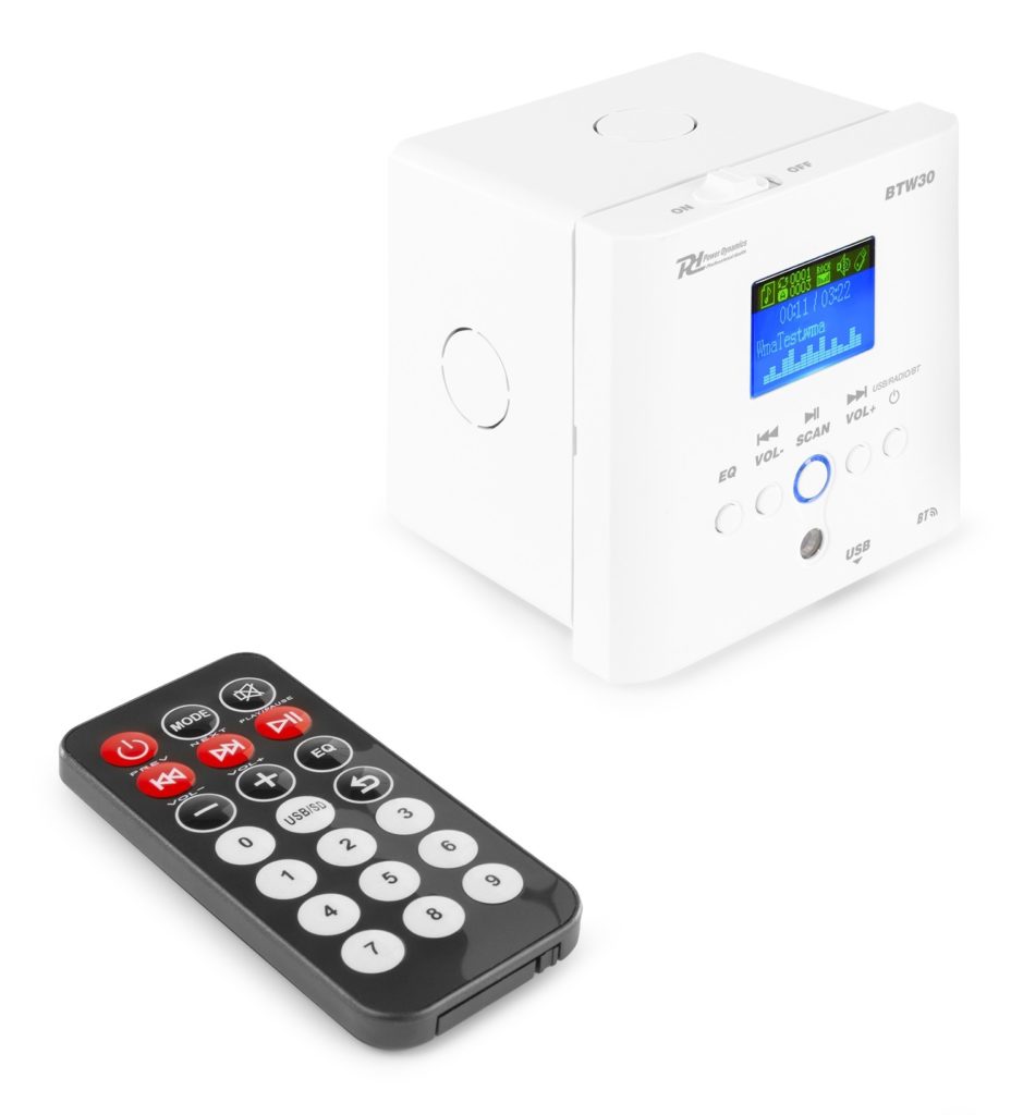 Power Dynamics -  BTW30 - SISTEMA DE AUDIO PARA PARED 2 X15W BT, USB (reproduce MP3), radio FM y receptor BT Display LCD para información de pista Amplificador Class D estereo,  para integrar en pared añade la función BT para audio streaming y se controla desde donde quieras.