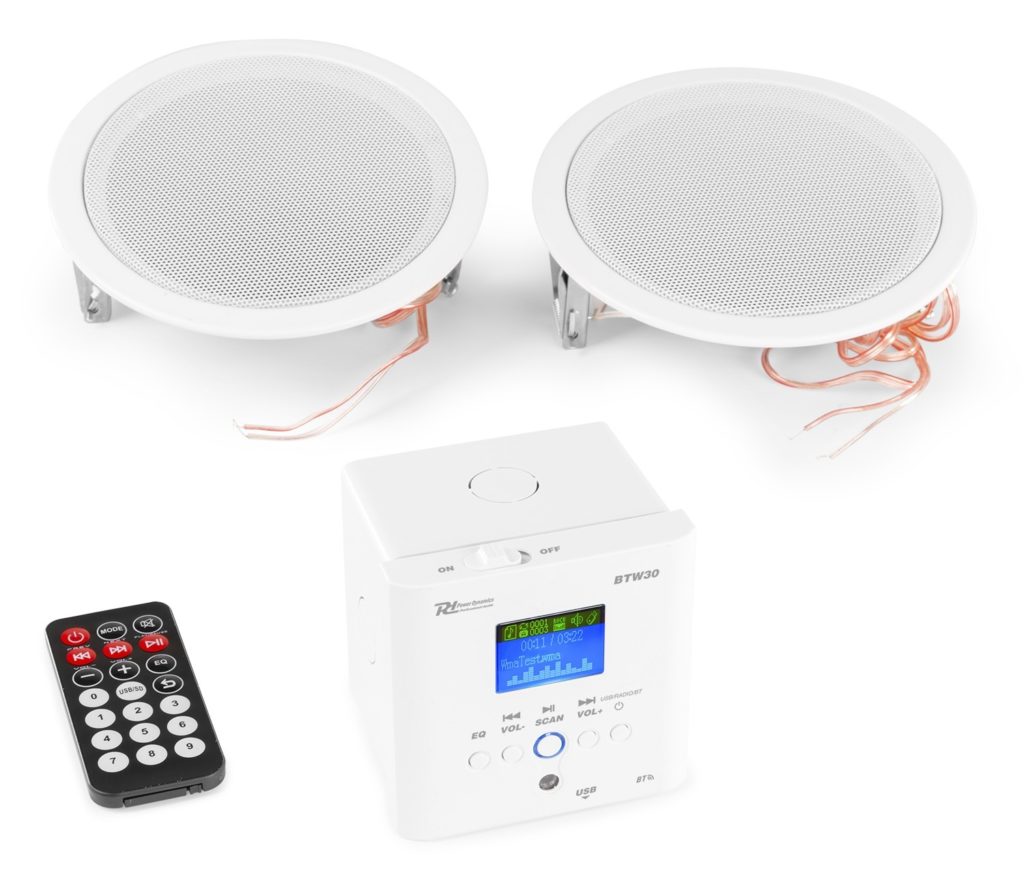 Power Dynamics - BTW30SET  - SISTEMA DE AUDIO DE PARED CON 2 ALTAVOCES DE TECHO DE 15W, USB (reproduce MP3), radio FM y receptor BT Display LCD para información de pista Amplificador Class D estereo 2 altavoces de techo de 5”