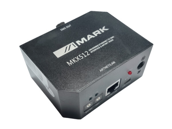 MARK - MKX 512 - Conversor Artnet a DMX, es un receptor/conversor ArtNet-DMX de un universo. Asimismo puede considerarse como nodo Artnet, permitiendo realizar la misma función recibiendo tramas DMX de consolas compatibles con este protocolo standard.