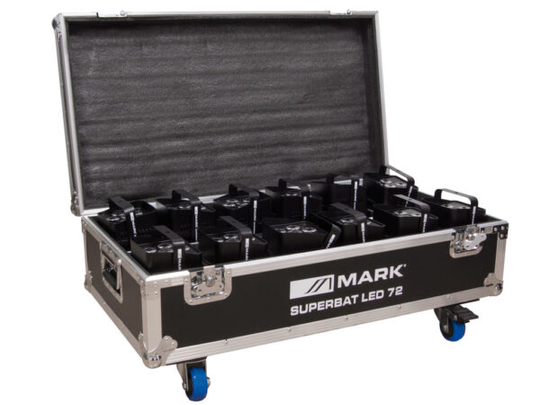 MARK - 12x SUPERBAT LED 72 + Rack - 12 proyectores más rack, 6 LEDs RGBWA+UV de 12 W. Wifi y mando a distancia Ángulo de haz de 40º. Batería incorporada.