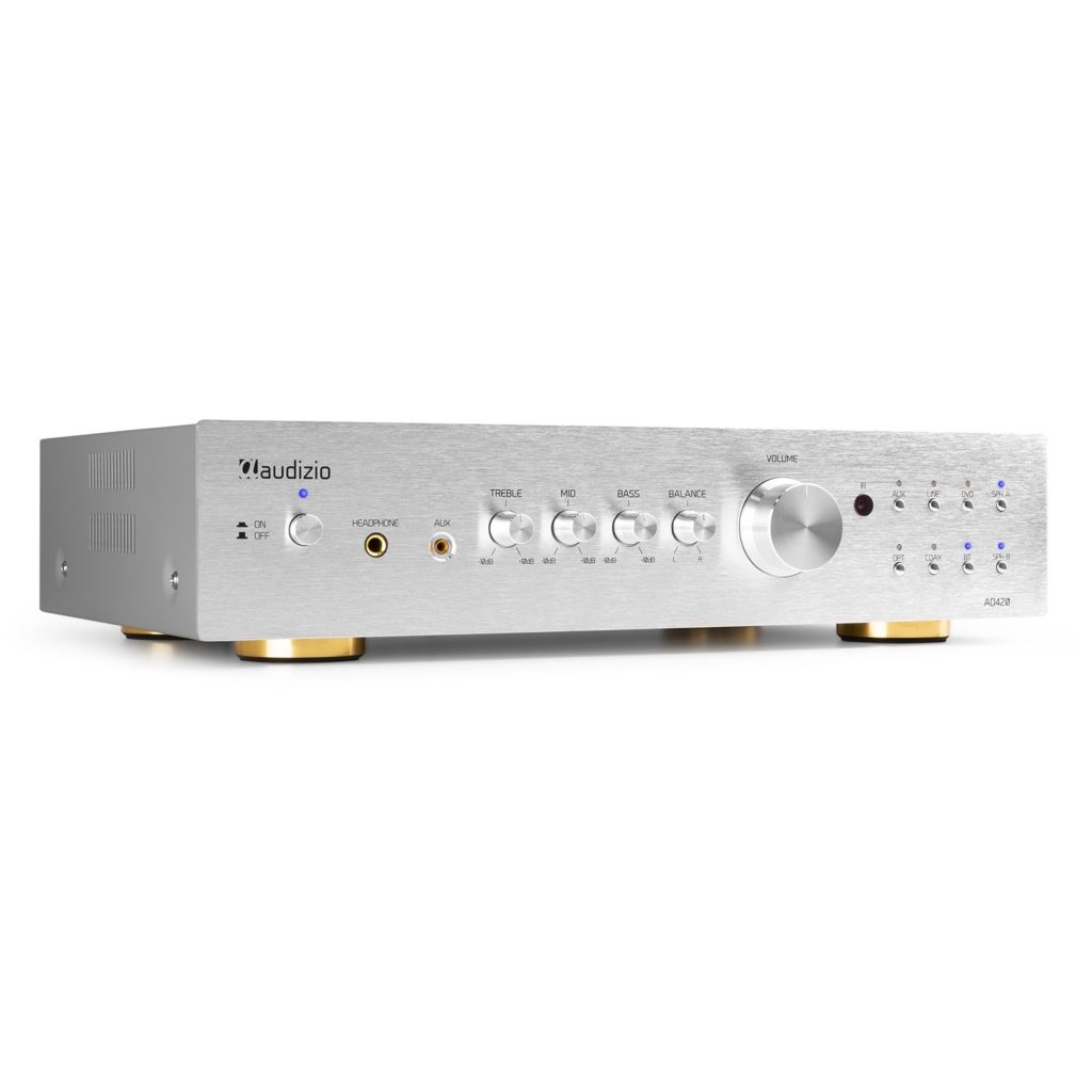 Audizio -  AD420A - AMPLIFICADOR HIFI 4 CANALES ALUMINIO, Output power: Max 4x 100W Impedance 8 Ohm, Receptor BT para transmisión de audio Entrada AUX frontal para conectar dispositivos de audio externos como reproductores de CD y MP3