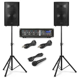 VONYX -  VX210 - SISTEMA COMPLETO PA, Amplificador integrado Clase-D 800W Receptor BT para audio streaming 4 entradas balanceadas de micrófono