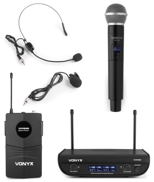 VONYX - VM82C - Receptor compacto UHF con micrófono de mano y micro de diadema