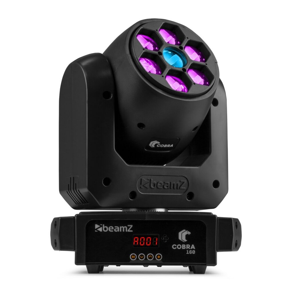 beamZ - COBRA 160 - LED SPOT CABEZA MÓVIL CON BEE EYE. LED blanco 100W de alta intensidad en el centro B-Eye: 6x LEDs 10W RGB Lentes en frontal que rotan en ambas direcciones