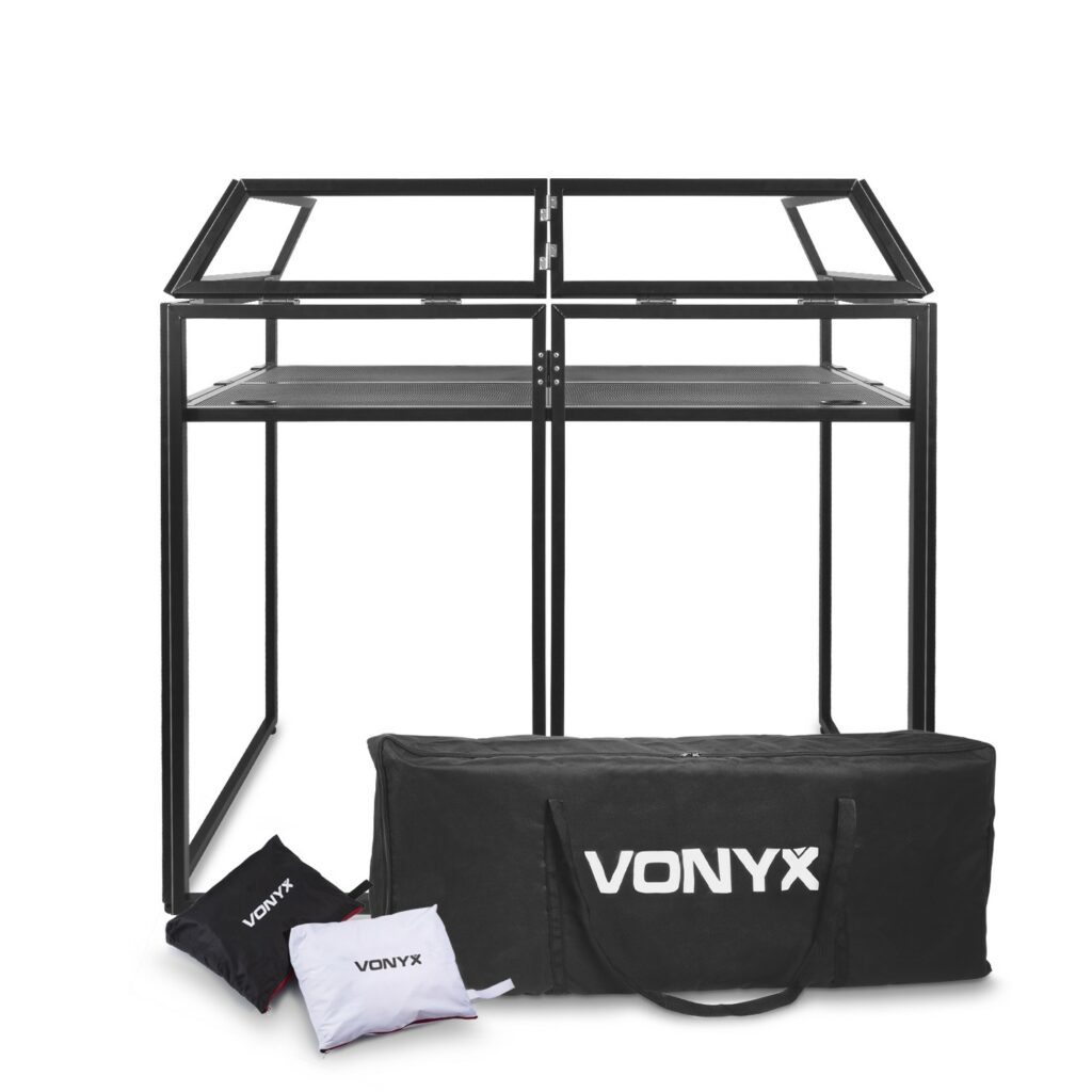 VONYX - DB3 CABINA PRO DJ - Mesa cabina de DJ plegable perforada Incluye covertores de licra blanco y negro (Retardante de llama) Diseño plegable y compacto
