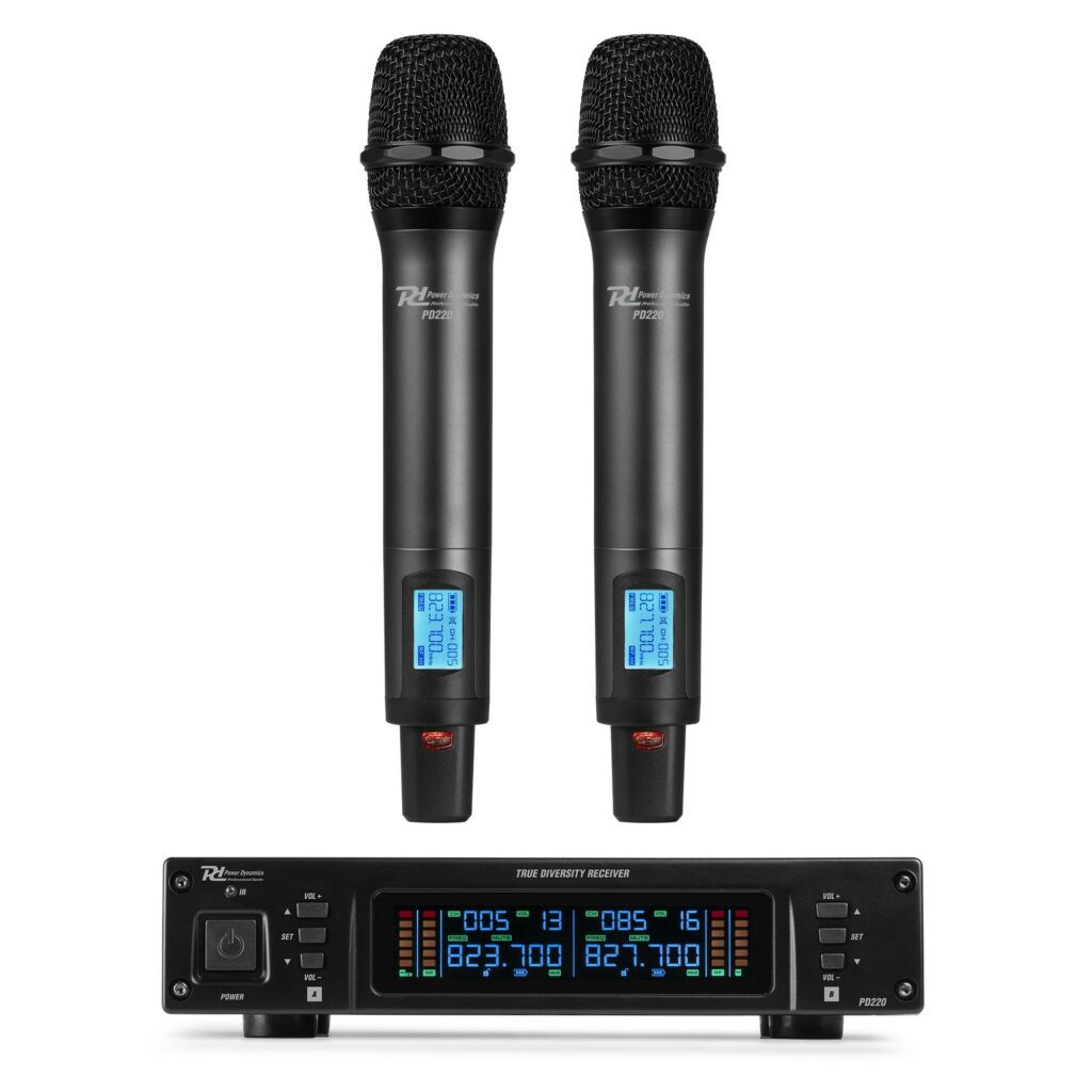 Power Dynamics - Sistema diversity real PD220 con micrófono inalámbrico UHF de 2 x 80 canales HH