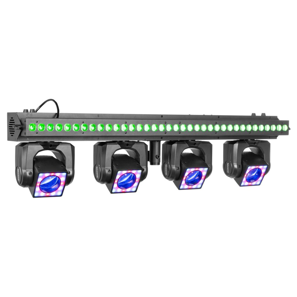 BeamZ - ShowBar GO - Vibe con 4 cabezas móviles y barra LED, 4 LED 4 en 1 de 40 W con cabezas móviles RGBW Mezcla de colores Efecto de anillo LED 4x 24 LED RGB Barra de LED con 36 LED RGB de 2 W