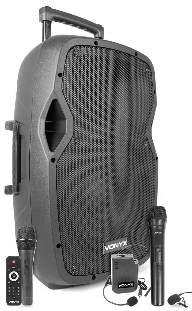 Vonyx - AP1200PA - Bafle Portatil 12" 600 W.Funciona a corriente o 12V. Receptor BT para audio streaming 1x UHF transmisores de petaca 1x UHF de mano 1x Micro de mano por cable Reproductor integrado MP3 via USB, SD/MMC,