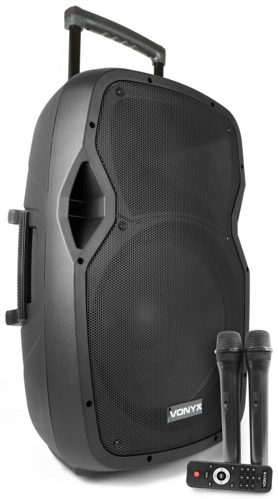 Vonyx - AP1500PA - Bafle Portatil a bateria 15" Receptor BT para audio streaming Micrfonos UHF Reproductor integrado MP3 via USB, SD/MMC