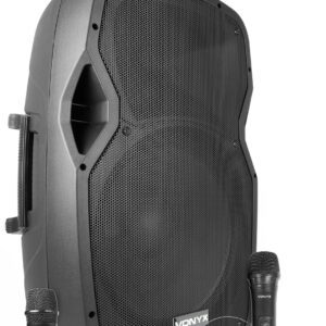 Vonyx -  AP1500PA - Bafle Portatil 15" con batería 800 W. Receptor BT para audio streaming 1x UHF transmisores de petaca con micro de cabeza y lavalier. 1x UHF microfono 1x Micro por cable Reproductor integrado MP3 via USB, SD/MMC