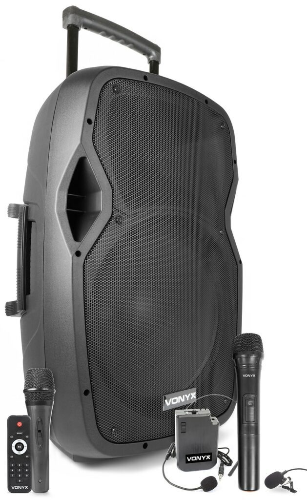 Vonyx - AP1500PA - Bafle Portatil 15" con batería 800 W. Receptor BT para audio streaming 1x UHF transmisores de petaca con micro de cabeza y lavalier. 1x UHF microfono 1x Micro por cable Reproductor integrado MP3 via USB, SD/MMC