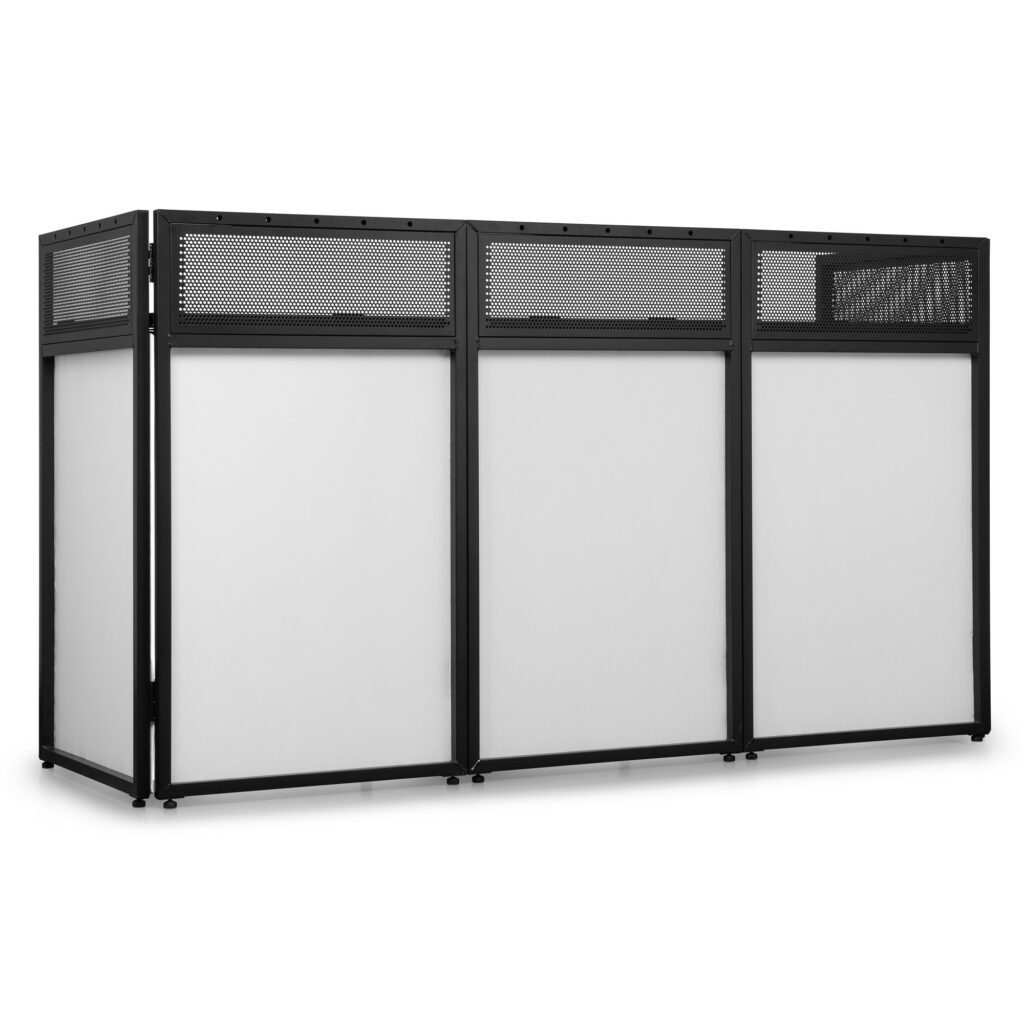 Cabina de DJ plegable de 2 metros de ancho con escritorio de DJ perforado Incluye fundas de lycra en blanco y negro (ignífugas) Se puede iluminar desde la parte posterior con una variedad de efectos diferentes