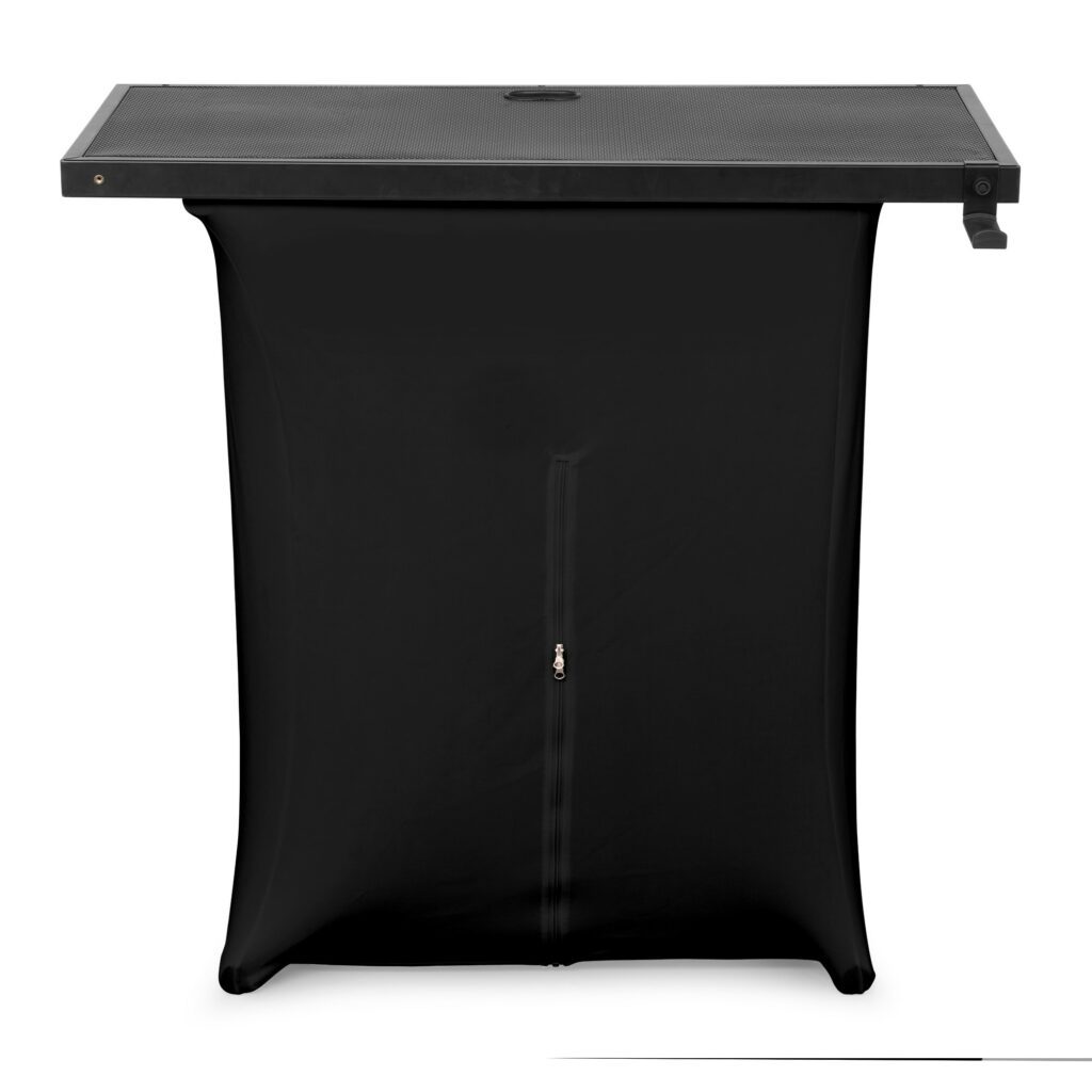 Vonyx - DBE100 - Sistema de cabina de DJ móvil, 1 metro de ancho con escritorio de DJ perforado Ideal para lugares más pequeños, espacios reducidos o configuraciones minimalistas Incluye funda de lycra negra (ignífuga)