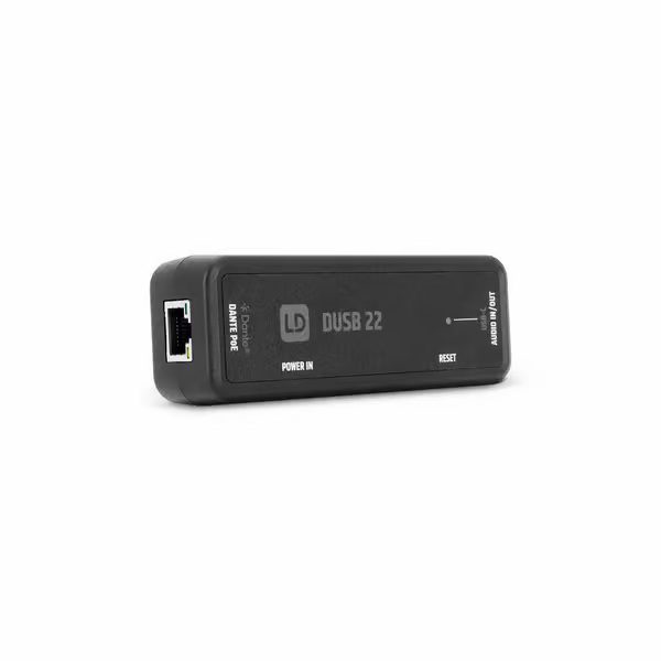 LD Systems - D USB 22 - Adaptador de audio Dante USB-C 2 × 2, interfaz de audio bidireccional Dante® a USB-C compacta para integrar ordenadores y dispositivos USB-C en sistemas de audio profesionales en red.