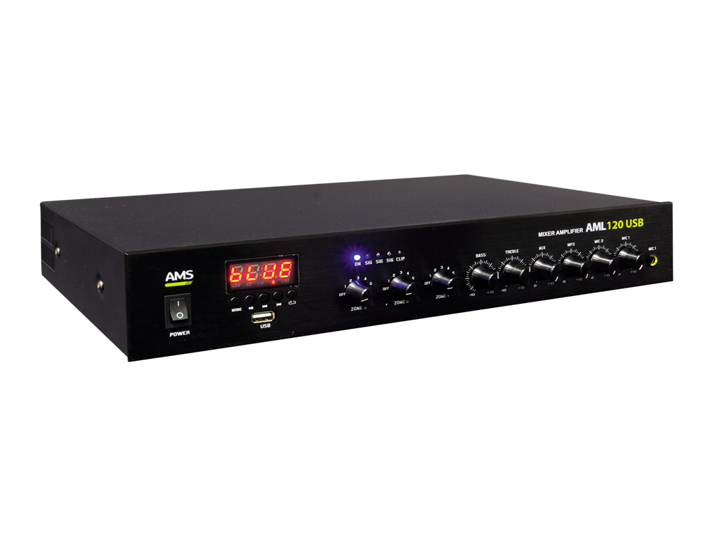 AMS - AML 120 USB - Amplifier/mixer. 120W @ 4 Ohm. 120 W @ L100V. 3 zonas. Priority Mic. MP3. USB/Bluetooth.