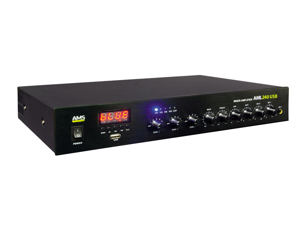 AMS - AML 240 USB - Power amplifier/mixer. 240 W @ 4 Ohm. 240 W @ L100V. 3 zones. Mp3 player. USB.