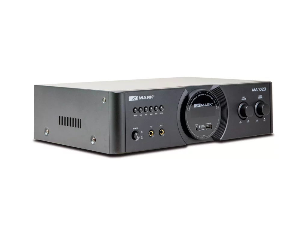Mark - MA 1023 - Amplifier with player 2 x 100 W @ 4 Ohm, 4 MIC, 2 AUX LINE, USB/SD/Bluetooth. REC function. Remote control.