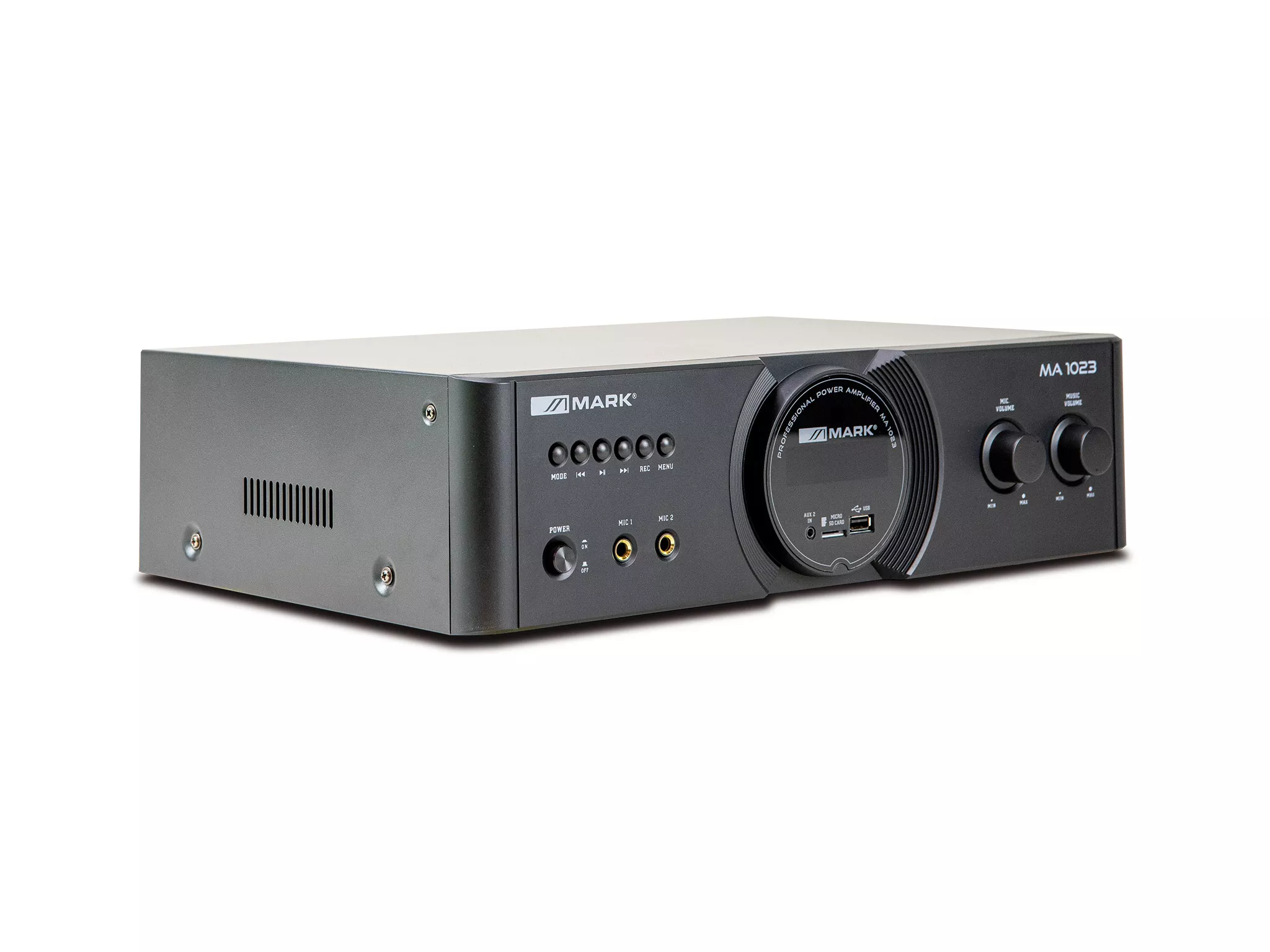 Mark - MA 1023 - Amplifier with player 2 x 100 W @ 4 Ohm, 4 MIC, 2 AUX LINE, USB/SD/Bluetooth. REC function. Remote control.