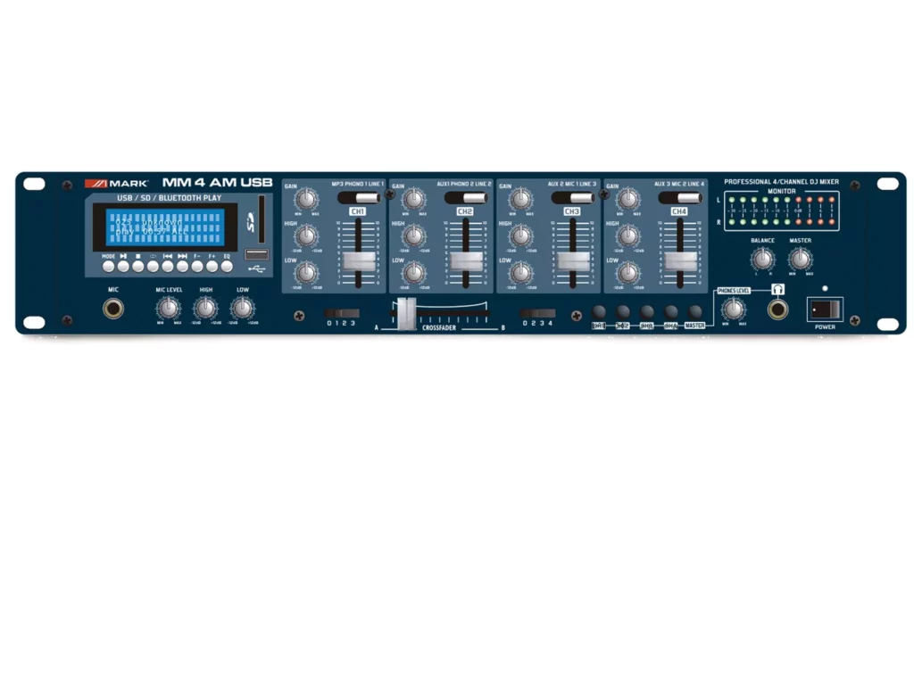 Mark - MM 4 AM USB - Mezclador/reproductor amplificado. 2 x 250 W @ 4 Ohm. Reproductor MP3. USB/SD/Bluetooth.