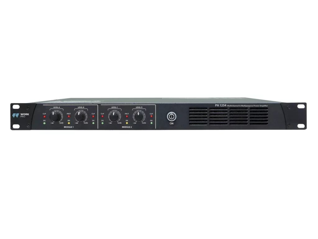 Work pro - PA 1254 - Amplificador audio. 4 x 150 W @ 4 Ohm. 9 modos de funcionamiento. Crossover para salida subgrave.