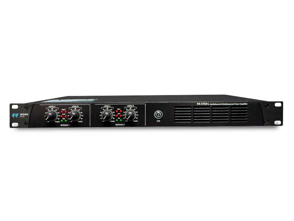 Work pro - PA 4150 L - Amplificador. 4 x 150 W @ L70/100V. Fuente de alimentación conmutada. Control de volumen en cada canal. 1 HU rack 19''.