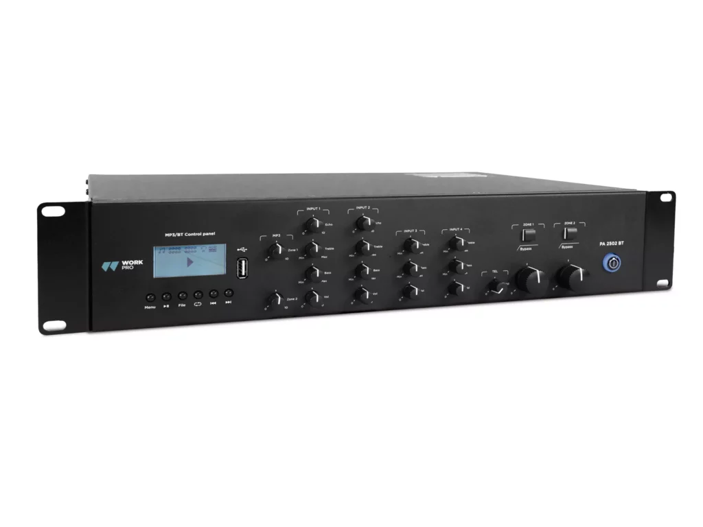 Work pro - PA 2502 BT - Amplificador con mezclador/reproductor. 2 x 250 W @ 4 Ohm, L70/100V. 2 zonas. 4 MIC/LINE