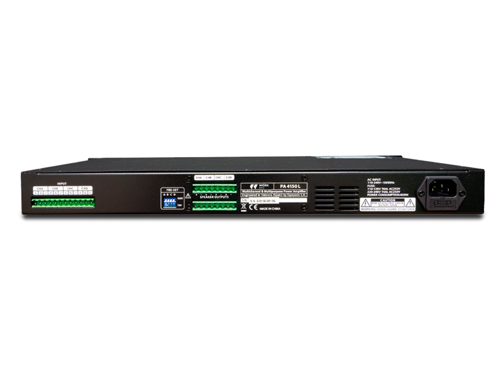 Work pro - PA 4150 L - Amplificador. 4 x 150 W @ L70/100V. Fuente de alimentación conmutada. Control de volumen en cada canal. 1 HU rack 19''. - Imagen 3