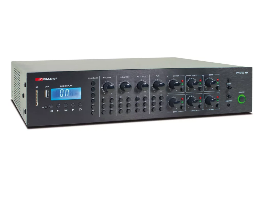 Mark - PM 360 MX - Amplificador/mezclador de instalación con 6 zonas (6x 60W). USB/SD/BT/Radio FM. WMU 2, MWU 3 BT & MPG 6 compatible